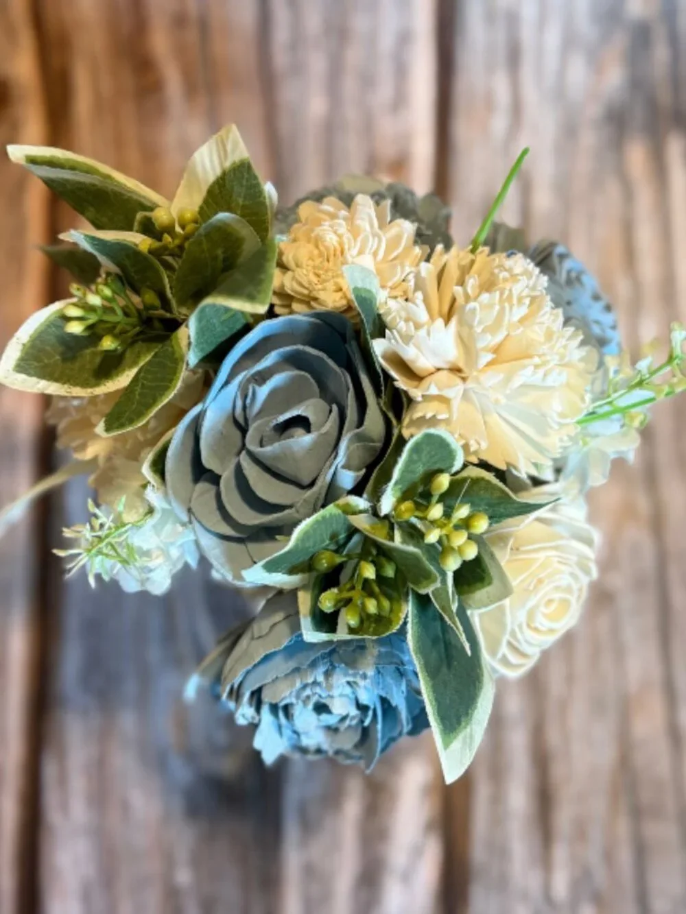 Blue Cream Sola Wood Floral Arrangement Mason Jar Baby Boy Shower Nursery Decor